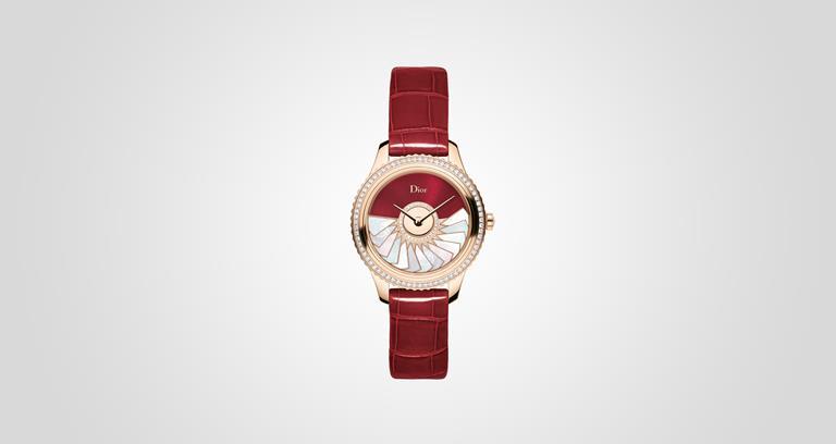 Dior VIII Grand Bal Plissé Soleil watch in pink gold, diamonds, mother of pearl and shiny red alligator leather strap