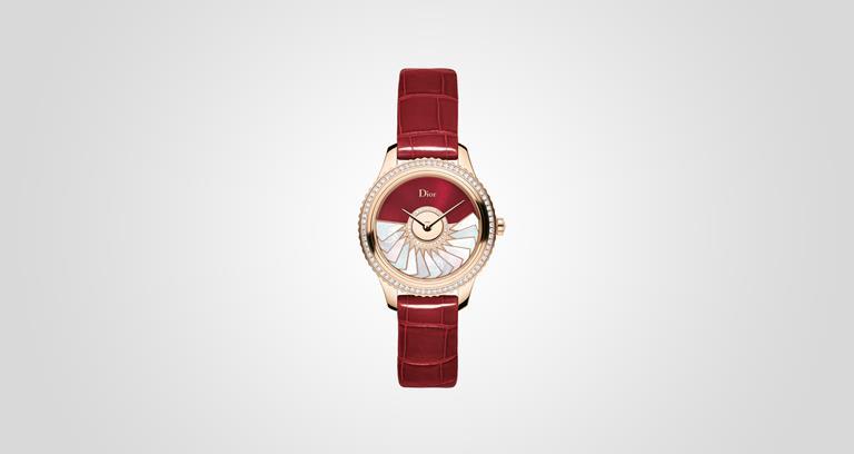 Dior VIII Grand Bal Plissé Soleil watch in pink gold, diamonds, mother of pearl and shiny red alligator leather strap