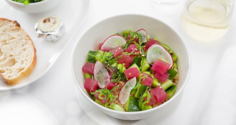 Salad of seared tuna with brown rice, edamame, cucumber, radish and sesame soy dressing