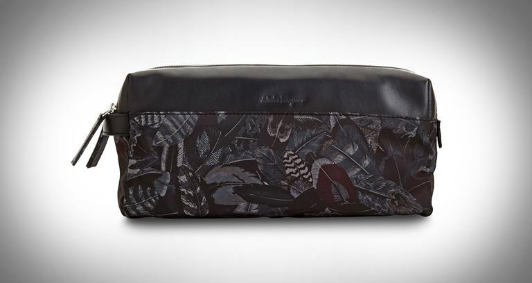 Salvatore Ferragamo dopp kit with double top zip closure in calf leather and synthetic material with Feathers print